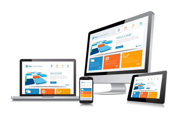 Responsive website mockups shown on laptop, tablet and phone with conversion analytics